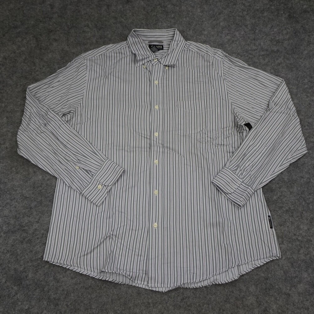 Chaps Shirt Mens Large L Gray Casual Button Up Cotton Striped Long Sleeve
